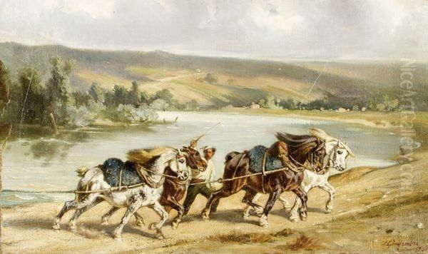 Les Chevaux De Hallage Oil Painting by L. Geregembre