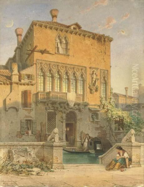 Haus Der Familie Moro-orbello In Venedig: A Sunny Venetianafternoon Oil Painting by Eduard Gerhardt