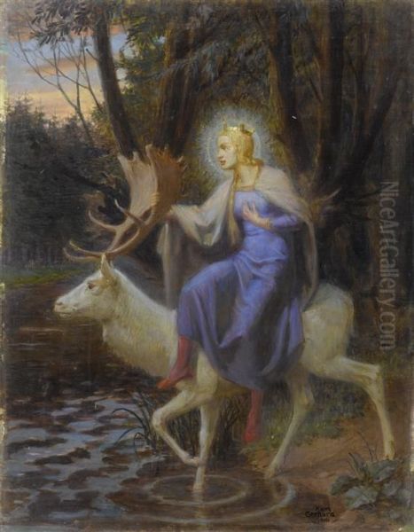 Genoveva And The Hind Oil Painting by Karl Gerhardt