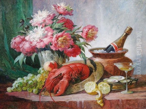 A Still Life With Peonies And A Lobster Oil Painting by Paul Gericke