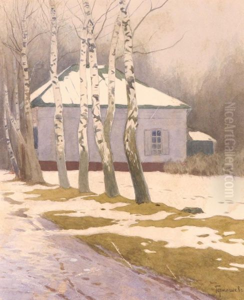 A Snowy Path By The Birches Oil Painting by Mikhail Markianovich Germanshev