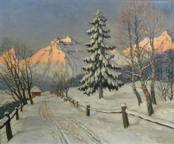 Winter Sunset Oil Painting by Mikhail Markianovich Germanshev