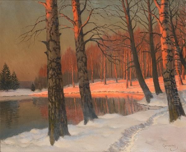 A Winter Sunset Oil Painting by Mikhail Markianovich Germanshev