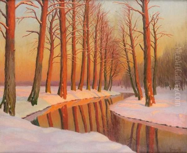 Peupliers Sous La Neige Oil Painting by Mikhail Markianovich Germanshev