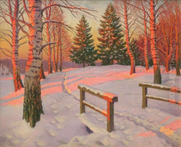 Couchee De Soleil En Foret Enneigee Oil Painting by Mikhail Markianovich Germanshev