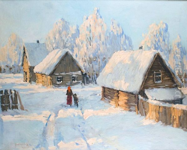 Mere Et Enfant Dans Le Village Enneige Oil Painting by Michail Markianovic Germasev