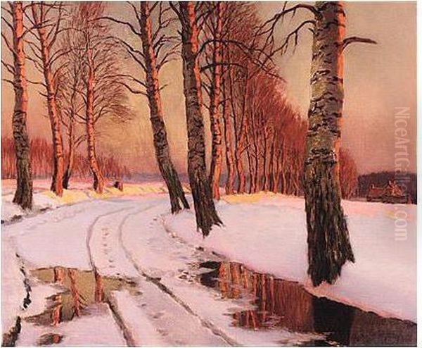 Sunset Over The Birch Trees Oil Painting by Germashev Mikhail