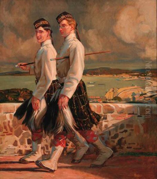 Guards Walking Along A Coast Oil Painting by Raimund Germela