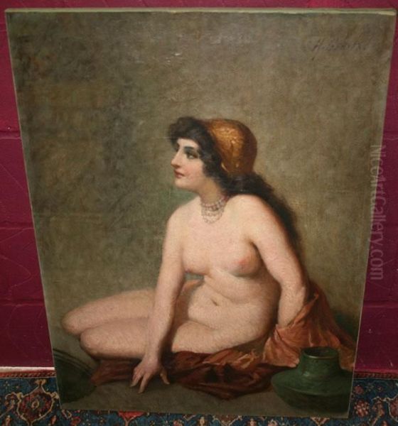 Portrait Of A Reclining Nude Wearing Beads Oil Painting by H Gerner