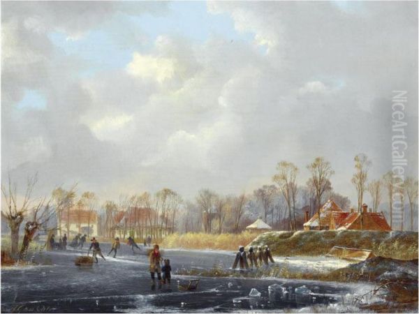 Skaters On A Frozen River Oil Painting by Hendrik Gerrit ten Cate