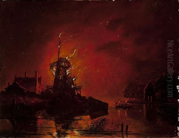 Burning Mill Oil Painting by Hendrik Gerrit ten Cate