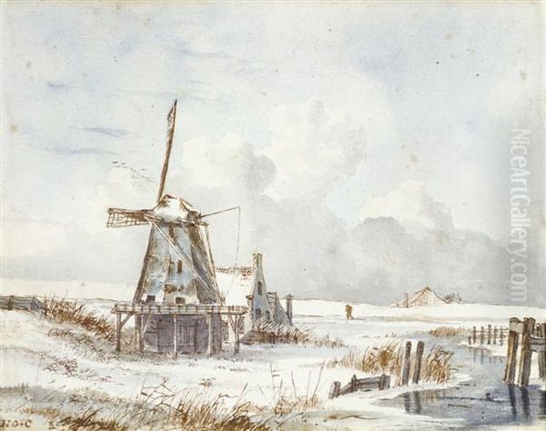 Windmills In A Dutch Polder Landscape Inwinter Oil Painting by Hendrik Gerrit ten Cate