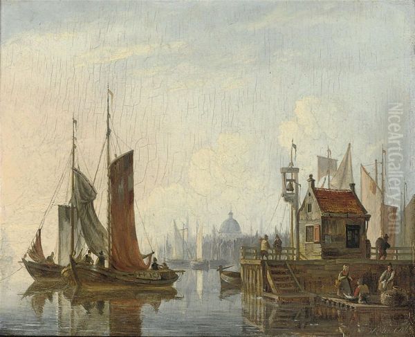 Shipping Near Amsterdam, With A Ferry On The Right Oil Painting by Hendrik Gerrit ten Cate