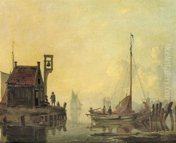 A Harbour Entrance Oil Painting by Hendrik Gerrit ten Cate