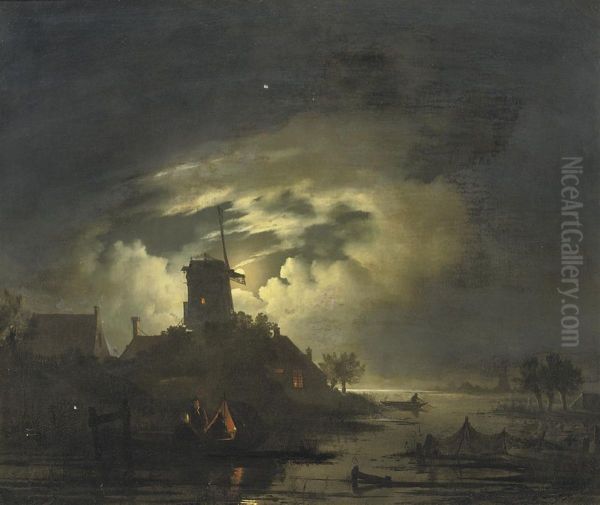 Fishing By The Windmill At Night Oil Painting by Hendrik Gerrit ten Cate