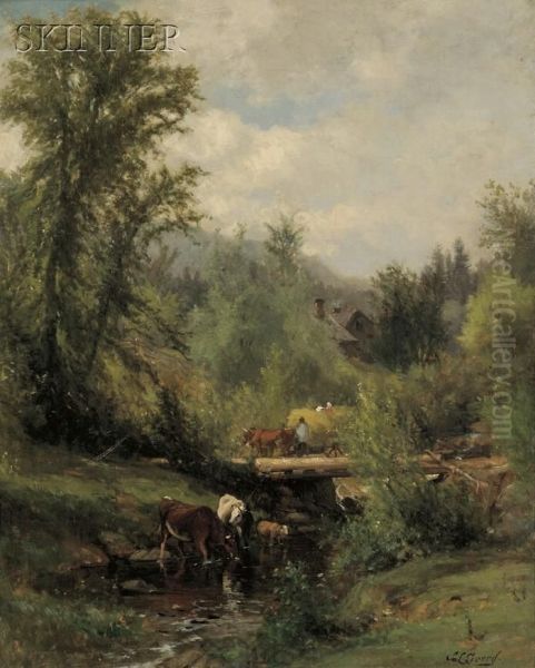 Cows Watering At A Stream Oil Painting by Samuel Lancaster Gerry