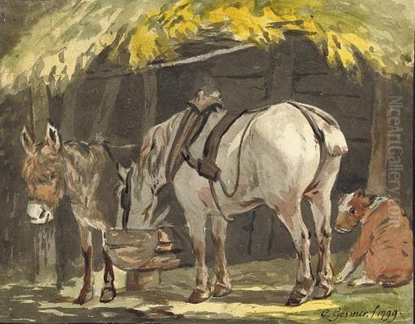 A Horse In Harness In Profile To The Left; And A Horse Drinking From A Trough, A Donkey And A Dog At It's Side Oil Painting by Johann Conrad Gessner