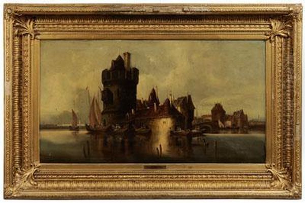 On The Danube, 
Harbor Scene With Fortress Oil Painting by T.C. Gessnitzer