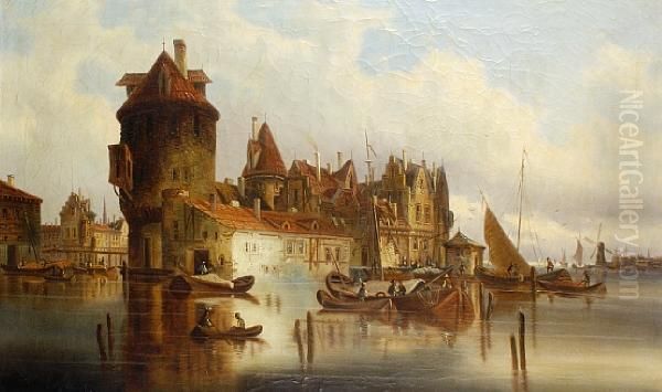 A Riverside Town Oil Painting by Gessnitzner