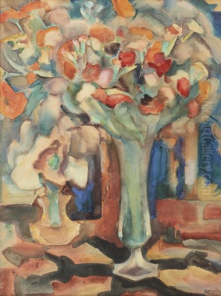 A Still Life With Flowers In A Glass Vase Oil Painting by Leo Gestel