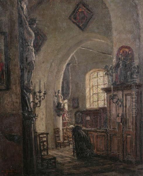 Kerkinterieur Met Biddende Vrouw Oil Painting by Albert Geudens