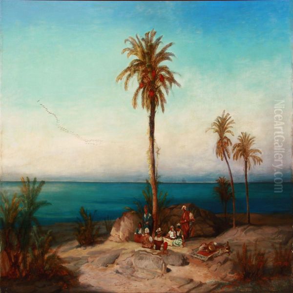 Coastal View With Arabs Taking A Rest Under A Palm Tree by Alexius Geyer