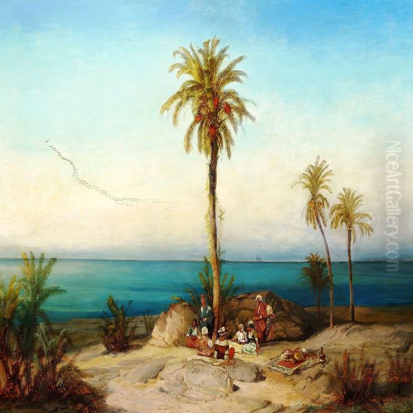 Coastal View With Arabs Taking A Rest Under A Palmtree Oil Painting by Alexius Geyer