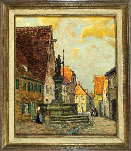 Brunnen Mit Bronzesoldat In Einer Belebten Gasse Oil Painting by Fritz Geyer