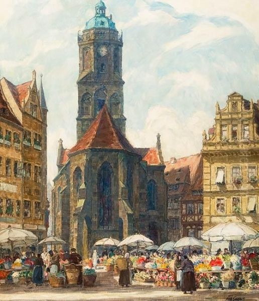 Blumenmarkt Vor Der Frauenkirche In Meisen Oil Painting by Fritz Geyer