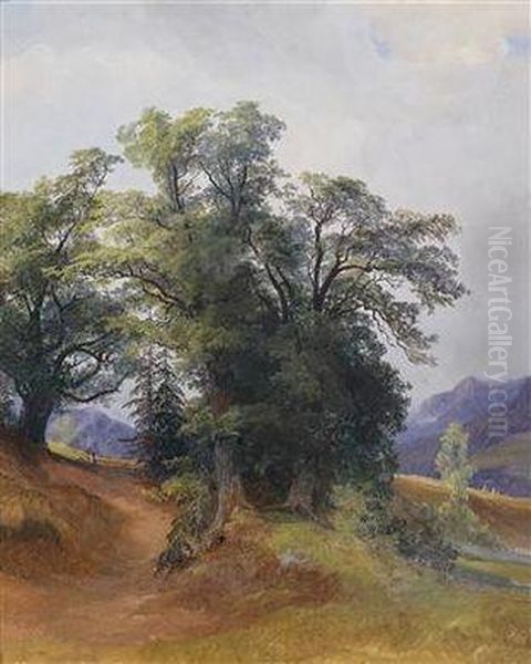 Landscape Motive With A Grand Grove In The Foreground Oil Painting by Georg Geyer