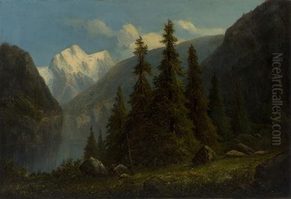 Lakeside Setting With Snow-capped Mountain In Background Oil Painting by Herman Geyer