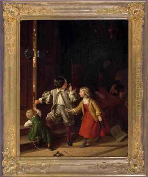 Neugierde - Drei Kinder Versuchen Einen Blick Auf Die Weihnachtsgeschenke Zu Erhaschen, Nachdem Die Grosmutter Eingeschlafen Ist Oil Painting by Johann Geyer