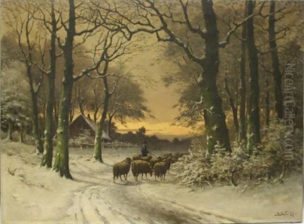 Herder Met Schapen In Sneeuwlandschap Oil Painting by Adriaan Marinus Geijp