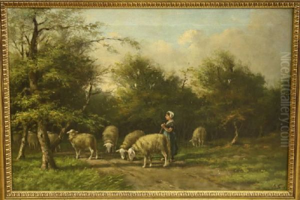 De Jonge Schaapsherderin Oil Painting by Adriaan Marinus Geijp