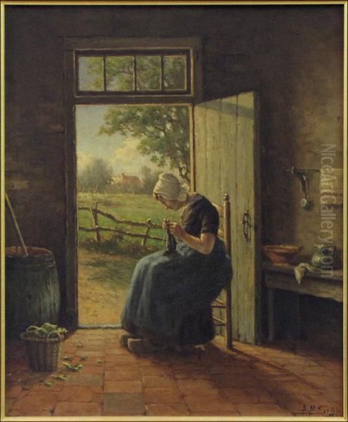 Knitting By The Door Light Oil Painting by Adriaan Marinus Geijp