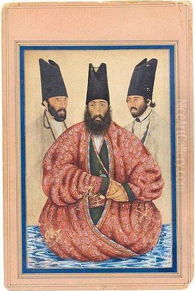 F - Portrait Of Yusif Mustawfi Al-mamalik And Two Officials, Signed By Mirza Abu'l-hasan Khan Naqqash Bashi , Dated A.h.1274/a.d.1857-58 Oil Painting by Abu'L Hasan Ghaffari