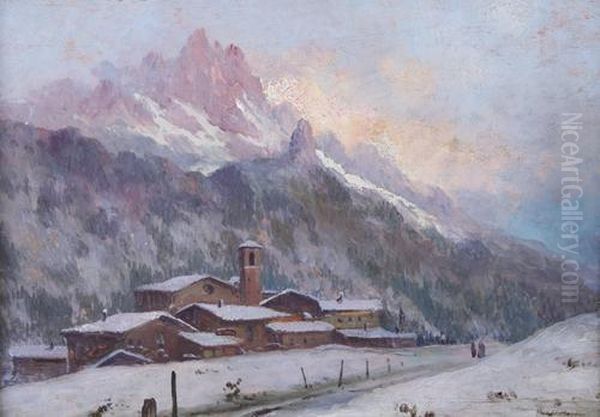 Borgo Montano Innevato Oil Painting by Ugo Gheduzzi