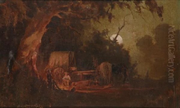 Swagmen In Moonlight Oil Painting by Robert Edgar Taylor Ghee