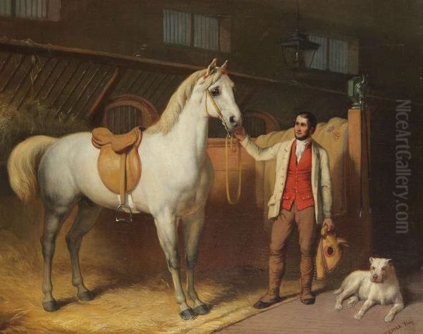 Ruiter Met Gezadeld Paard En Hond In De Stal Oil Painting by Louis-Joseph Ghemar