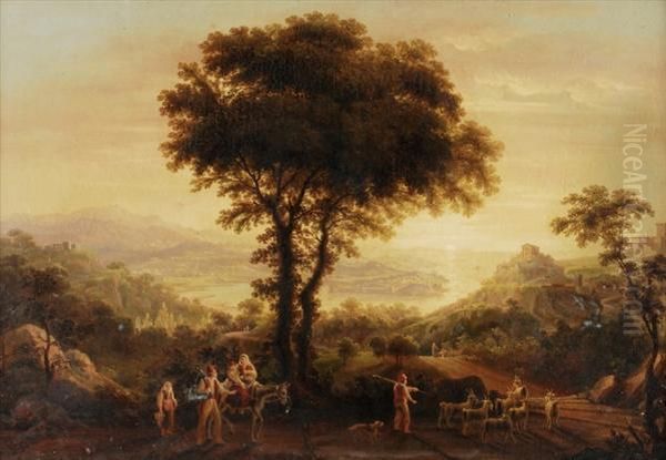 Travellers In Apanoramic Landscape Near The Coast Oil Painting by Giuseppe Gherardi