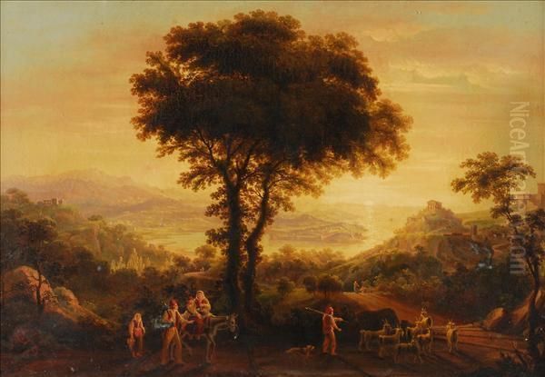 Travellers In A Panoramic Landscape Near The Coast Oil Painting by Giuseppe Gherardi