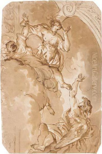 Deisgn For Part Of A Ceiling Decoration With Three Figures Oil Painting by Alessandro Gherardini