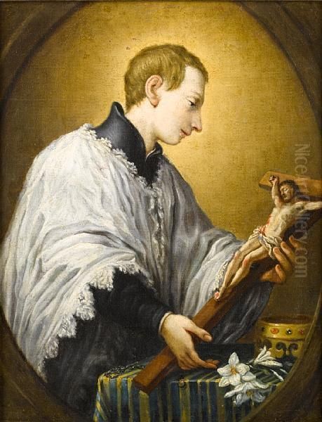 Saint Luigi Gonzaga Adoring A Crucifix, Within A Painted Oval Oil Painting by Pier Leone Ghezzi