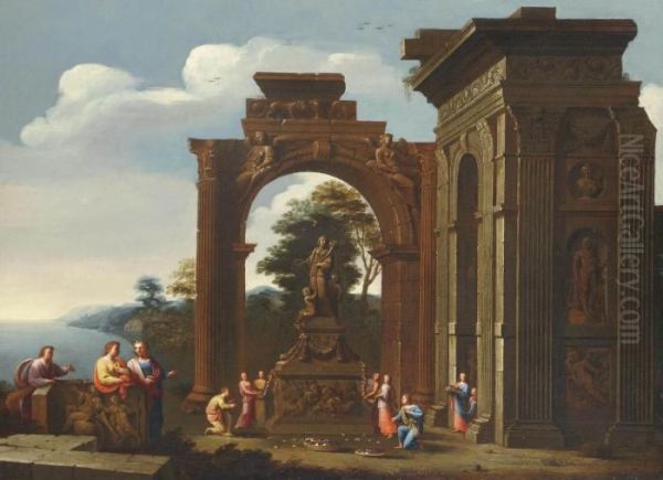 A Capriccio Of Roman Ruins With Classical Figures Adorning A Shrine To Ceres by Giovanni Ghisolfi