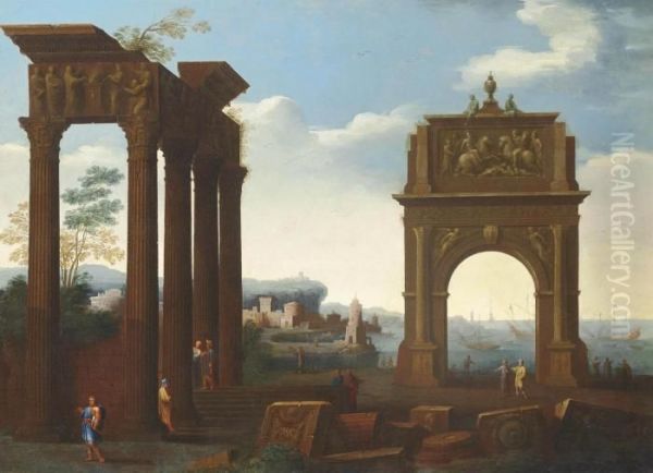 An Architectural Capriccio With Figures Among Classical Ruins, A Harbour Beyond Oil Painting by Giovanni Ghisolfi