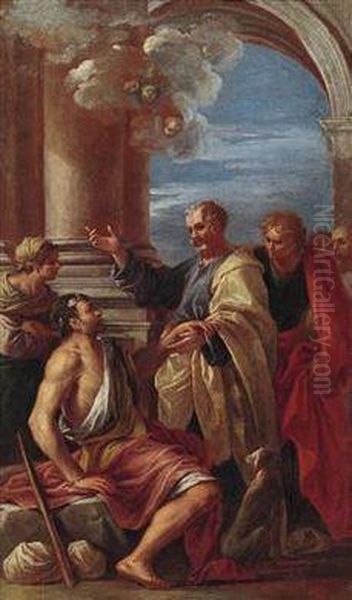 Saint Peter Curing A Lame Man; The Liberation Of Saint Peter Oil Painting by Giovanni Ghisolfi