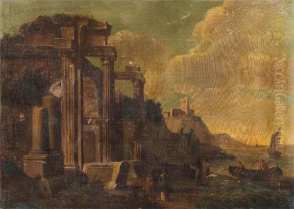 Paysage De Ruines Antiques En Bordure De Mer Anime De Personnages Oil Painting by Giovanni Ghisolfi