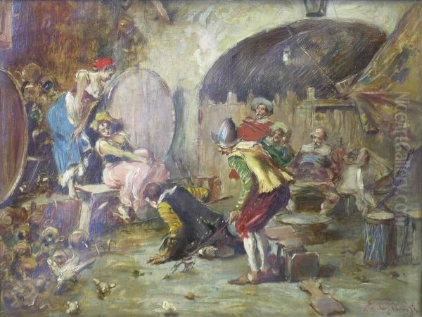 Tavern Interior Scene Oil Painting by E. Giachi