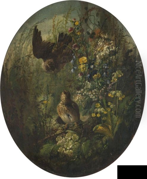 Couple D'oiseaux Dans Un Sous-bois Fleuri Oil Painting by Hector Giacomelli