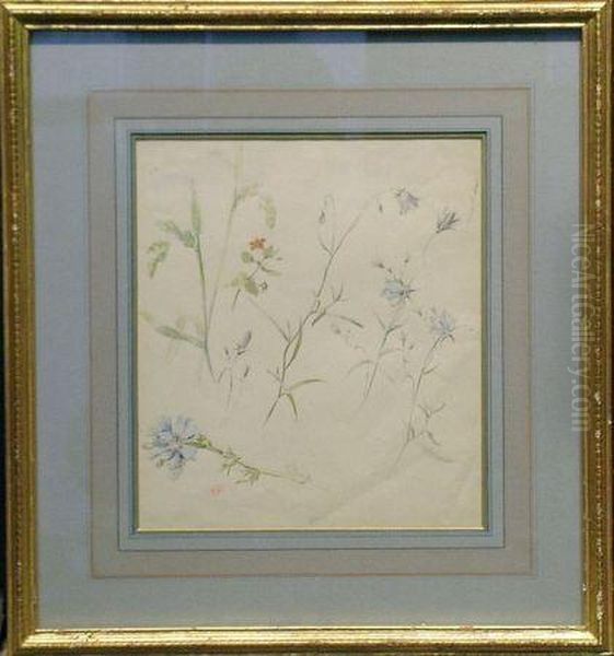 Blue Flowers With Goldenrod And A Small Red Flower Oil Painting by Hector Giacomelli